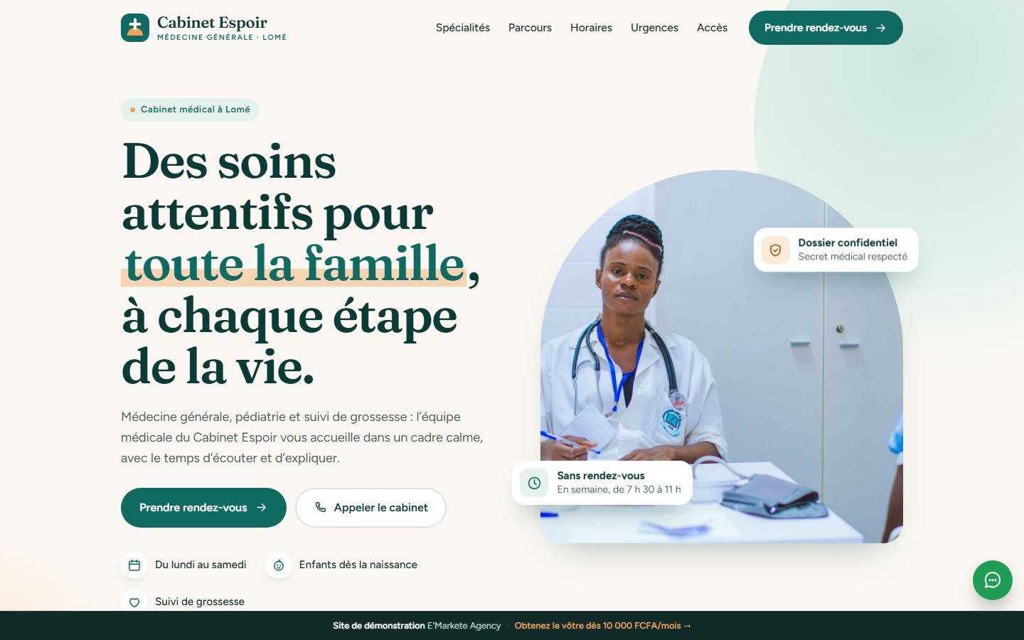 Aperçu du site de démonstration du Cabinet Espoir