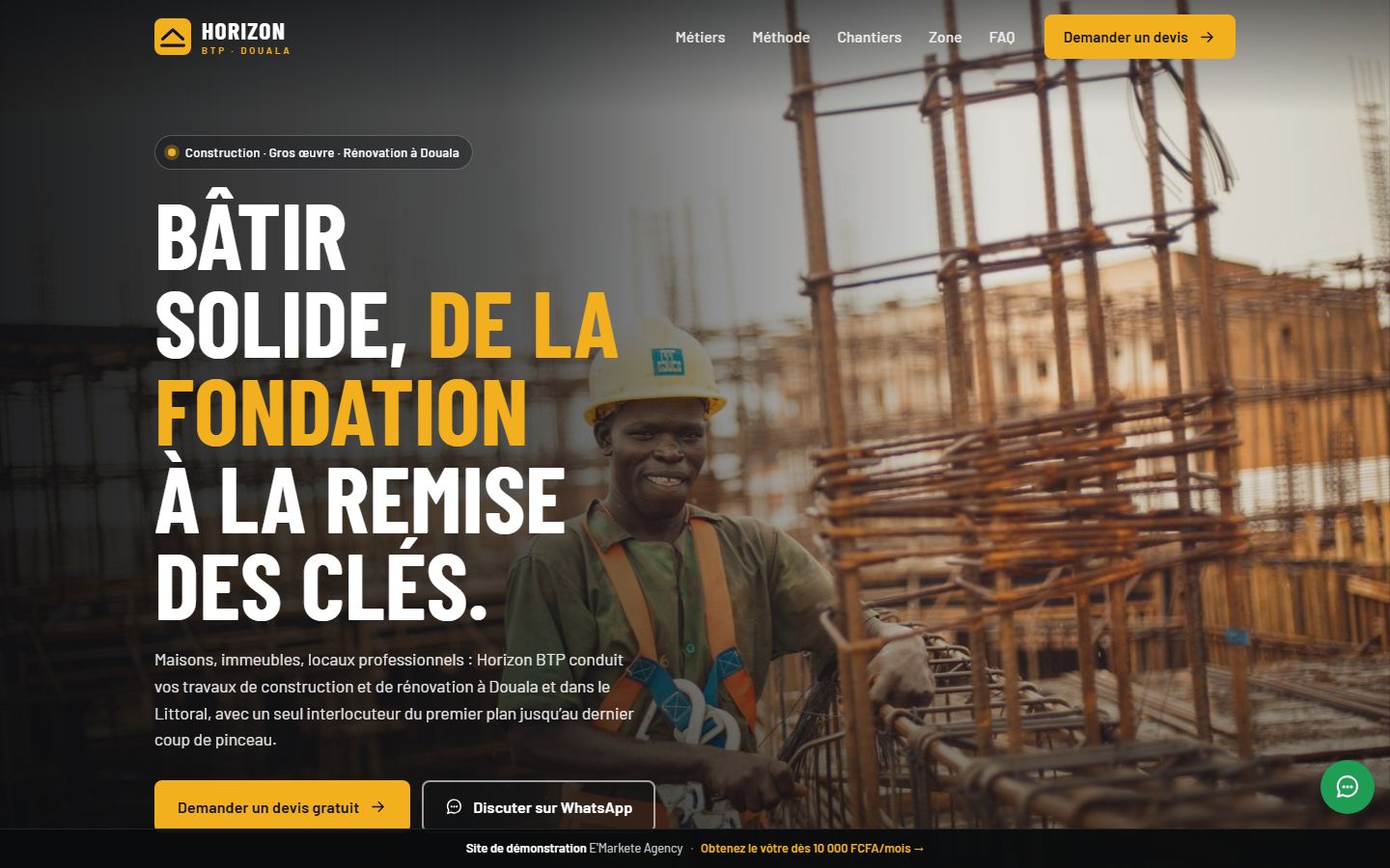 Aperçu du site de démonstration d'une entreprise du BTP à Douala