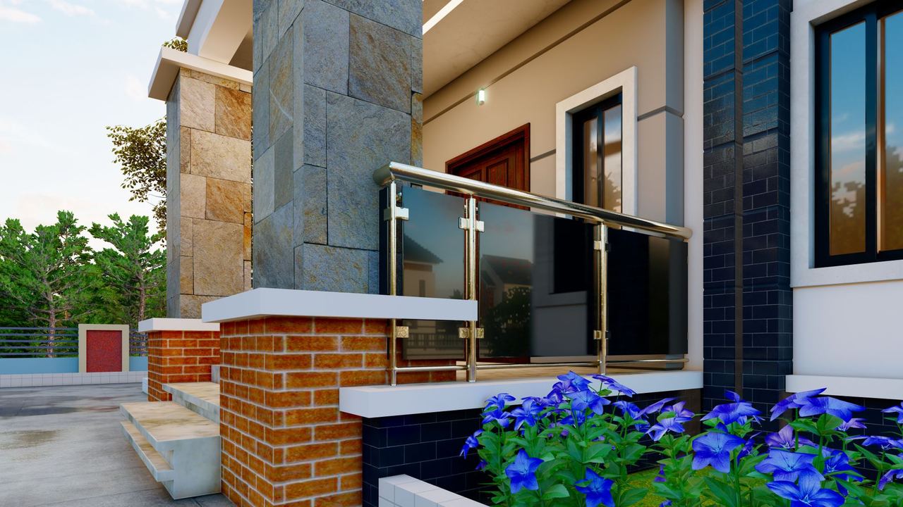 Entrée d'une maison moderne avec parement en briques et en pierre, garde-corps en verre